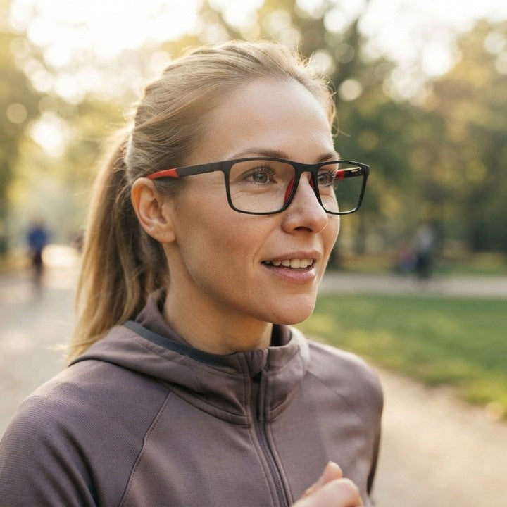 Woman with a ponytail wearing the black and red frames outdoors in a sunny park 2