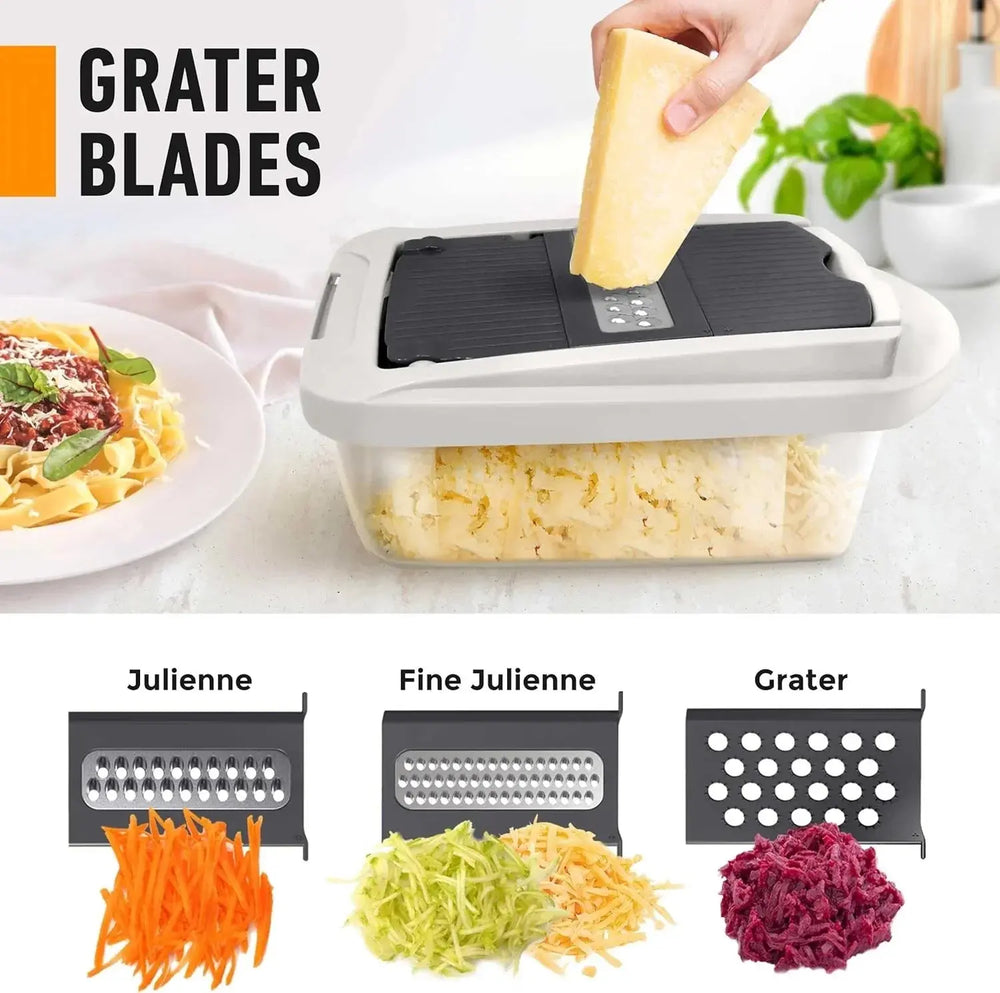 Vegetable cutter detail showing hand grating Parmesan over the grater insert on the container.
