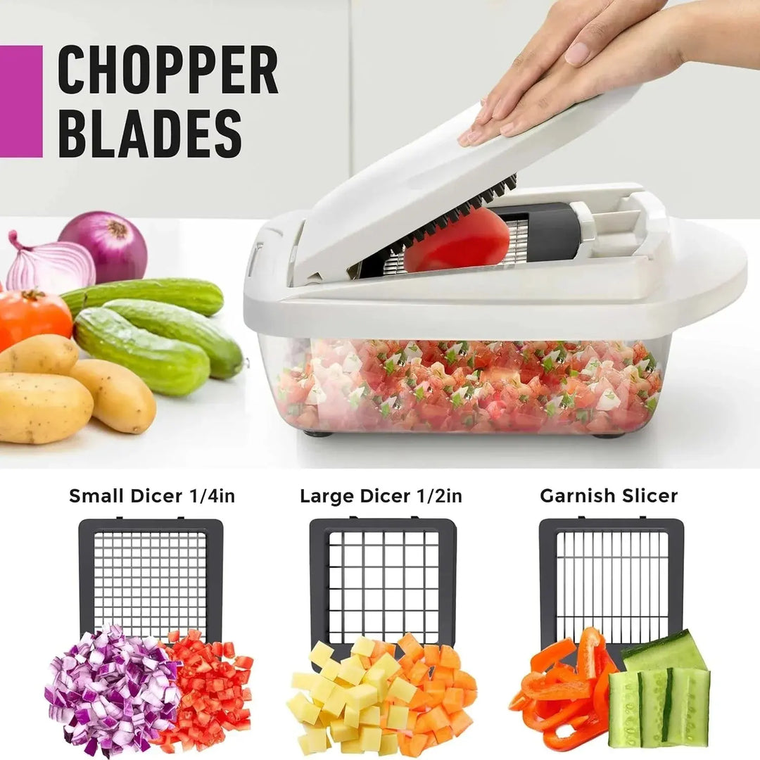 Vegetable cutter detail showing hand pressing the lid down on a tomato to dice it.