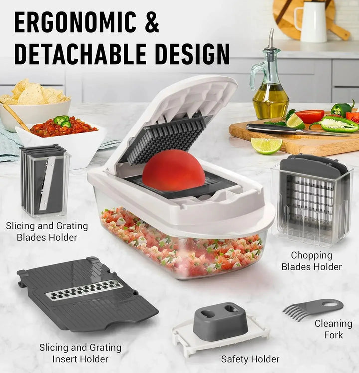 Vegetable cutter detail showing a tomato under the lid and the detachable parts labeled.