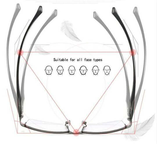 Top-down diagram of the glasses frame with temple arms flexing outward beside six face outlines.