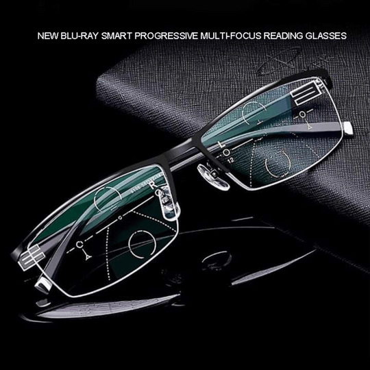 Black half-rim reading glasses with multi-zone progressive lens markings on a dark textured surface.