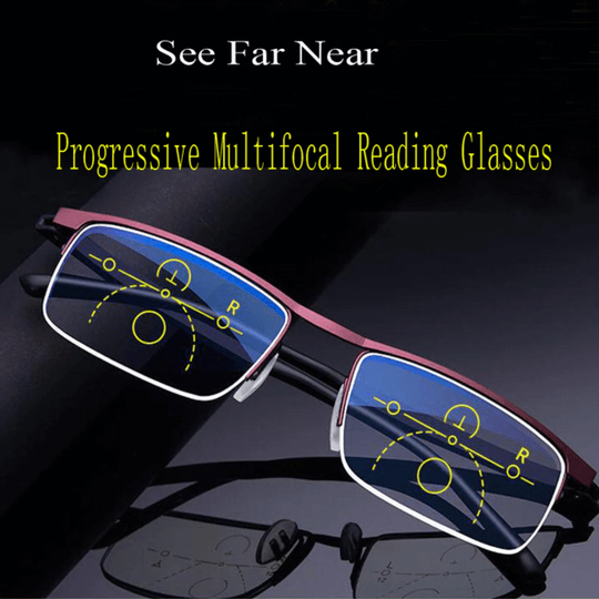 Half-rim reading glasses with a reddish-brown frame and blue-tinted lenses with yellow progressive zone markings.