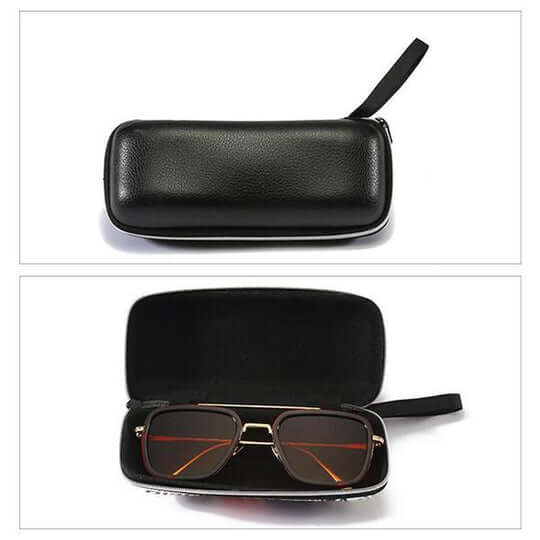 Black zippered eyewear case with a wrist loop, closed above and open below holding sunglasses.