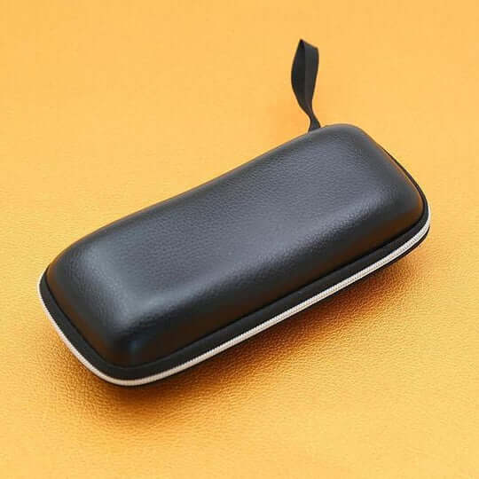 Black zippered hard case with a pebbled leather-look finish and a small wrist loop.
