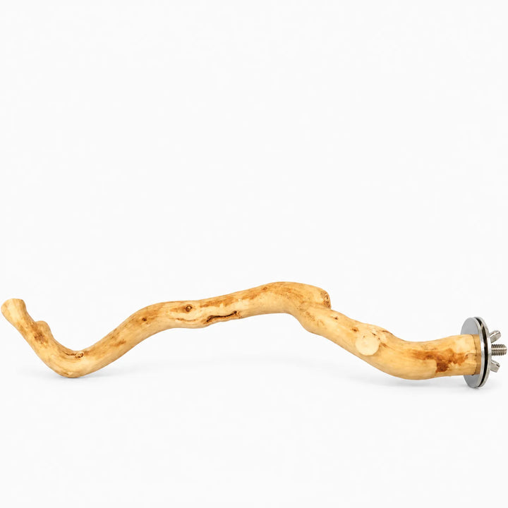 Curved natural wood branch perch on a white background, with a metal washer and wing nut at one end for mounting. 1