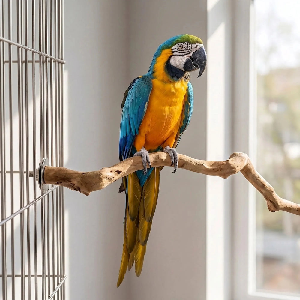 Blue-and-yellow macaw gripping the wooden perch, which is bolted to the wire of a cage beside a bright window. 2