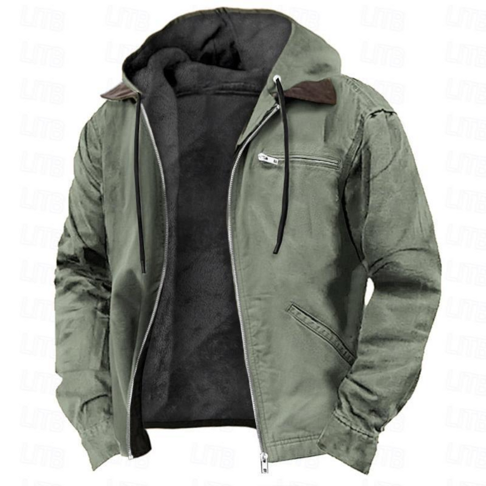 Green men's hooded jacket, another view, open at the front to show the dark fleece lining and zip chest pocket.