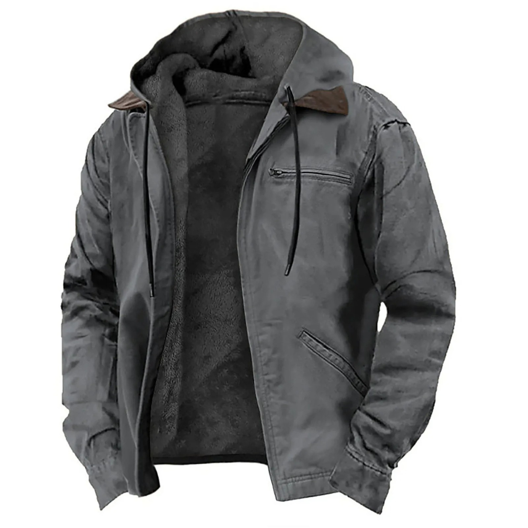 Grey men's hooded jacket, another view, hanging open with soft dark lining and a brown collar accent.