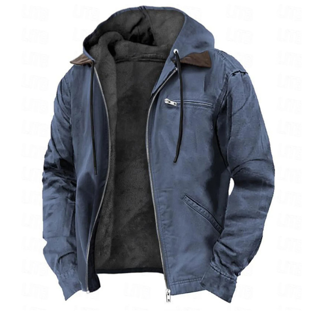 Grey men's hooded jacket, another view, open to show the plush charcoal lining and slanted side pocket.