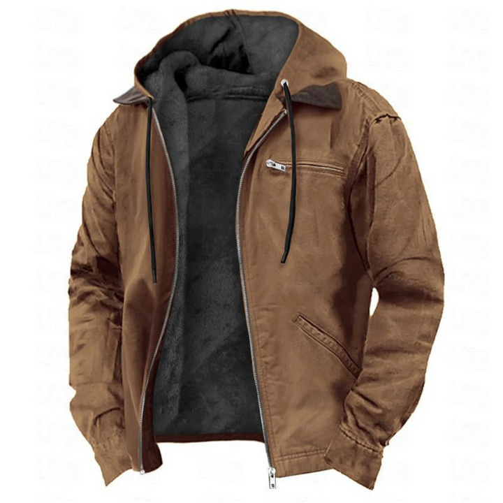Brown men's hooded jacket with dark plush lining, chest zip pocket and drawstrings, front view.