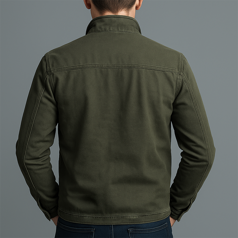 Men's olive green jacket another view showing the shoulder yoke seam, stand collar and plain back panel.