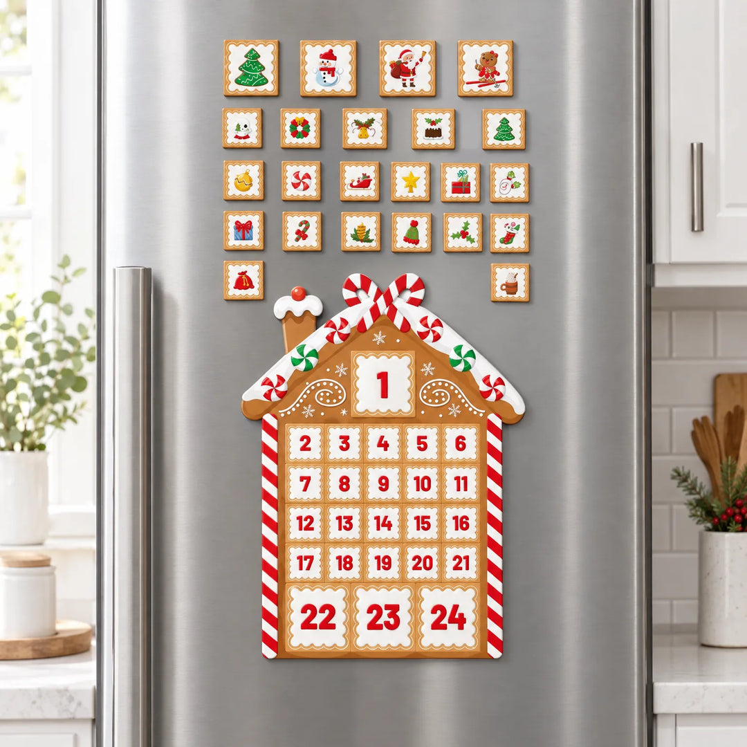 Gingerbread house calendar on a stainless steel refrigerator, with loose festive square magnets arranged above the numbered house, in a bright kitchen. 1