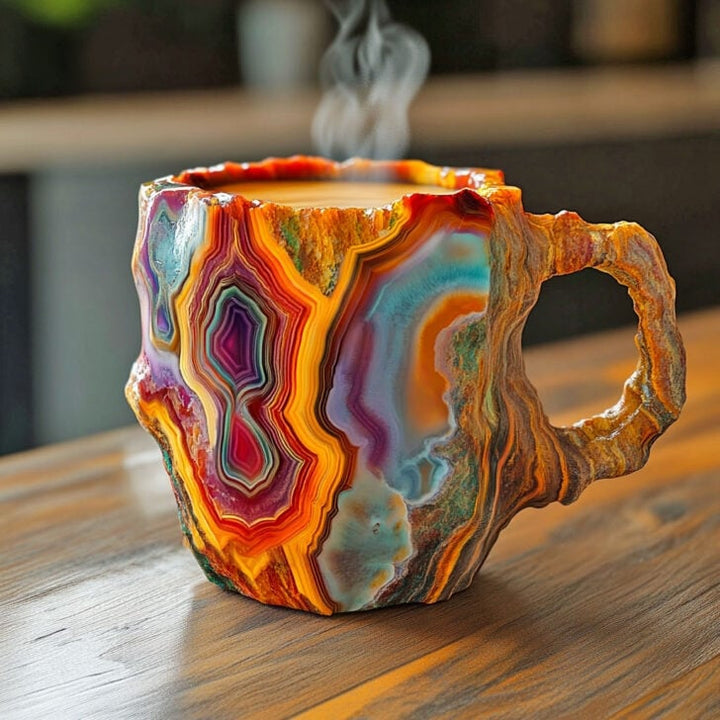 Steaming mug with vivid agate layers in orange, red, purple and turquoise, with a rough textured handle, on a wooden table. 5