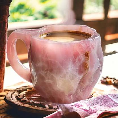 Translucent pink quartz-style mug filled with coffee, with a smooth curved handle, sitting on a woven mat beside a folded cloth. 6