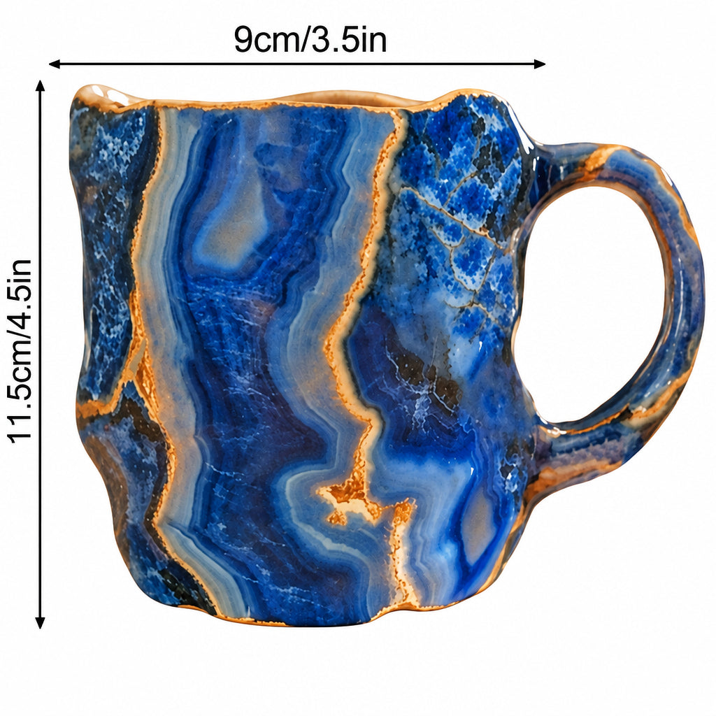 Blue marbled mug with gold veining and a wavy rim, shown with dimension arrows marking its width and height on white. 8