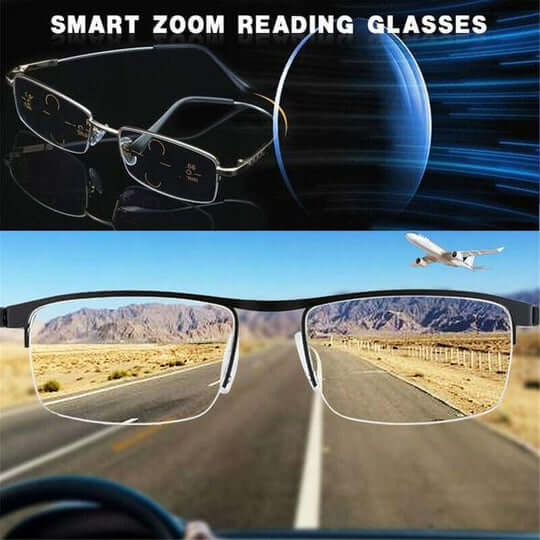 Another view showing thin-framed glasses beside a lens graphic and a desert road seen through the lenses.