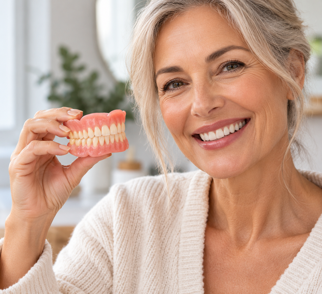 Smiling woman with gray-blond hair in a cream knit cardigan holds up a pink full denture set between her fingers. 1