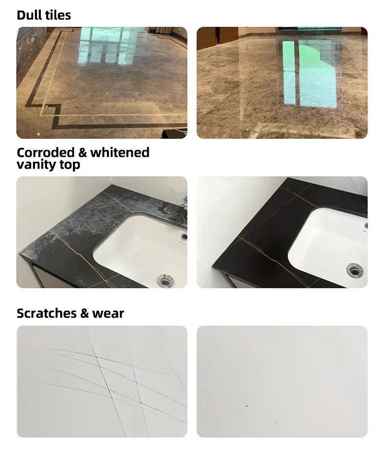 Three before-and-after pairs: dull tile floor, whitened black vanity top, and scratched white surface made smooth 11