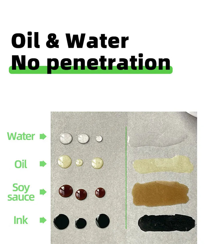 Treated stone with beaded water, oil, soy sauce and ink drops, next to untreated smears 12