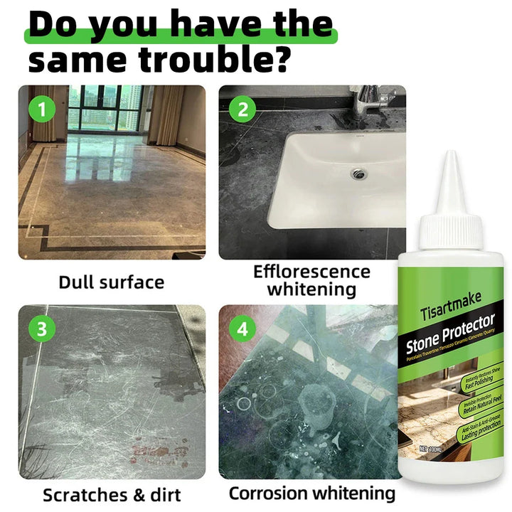 Bottle next to four problem examples: dull floor, whitened countertop, scratched tile, and corroded stone surface 2