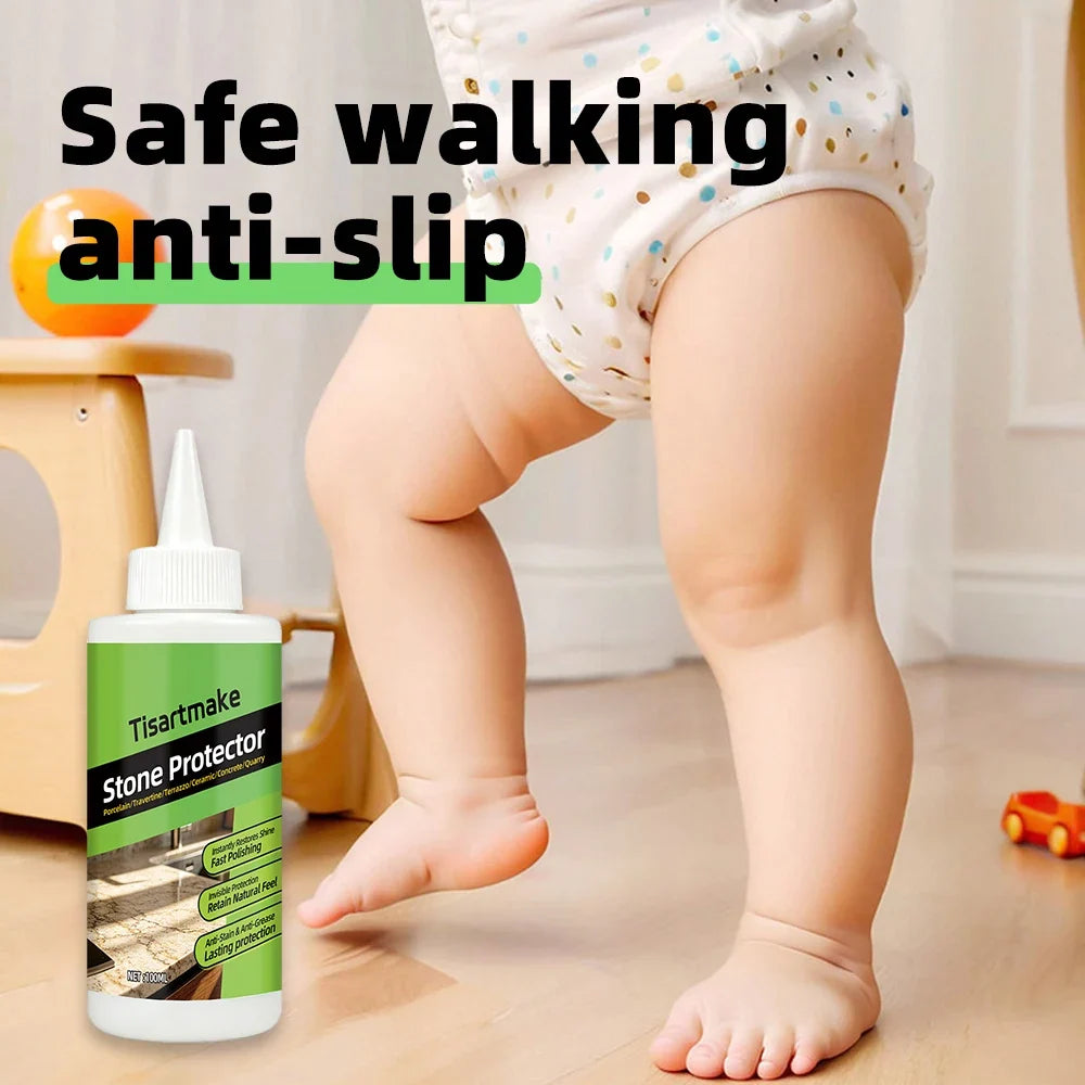 Toddler's bare legs stepping on a smooth wood floor, with the bottle in the corner 5