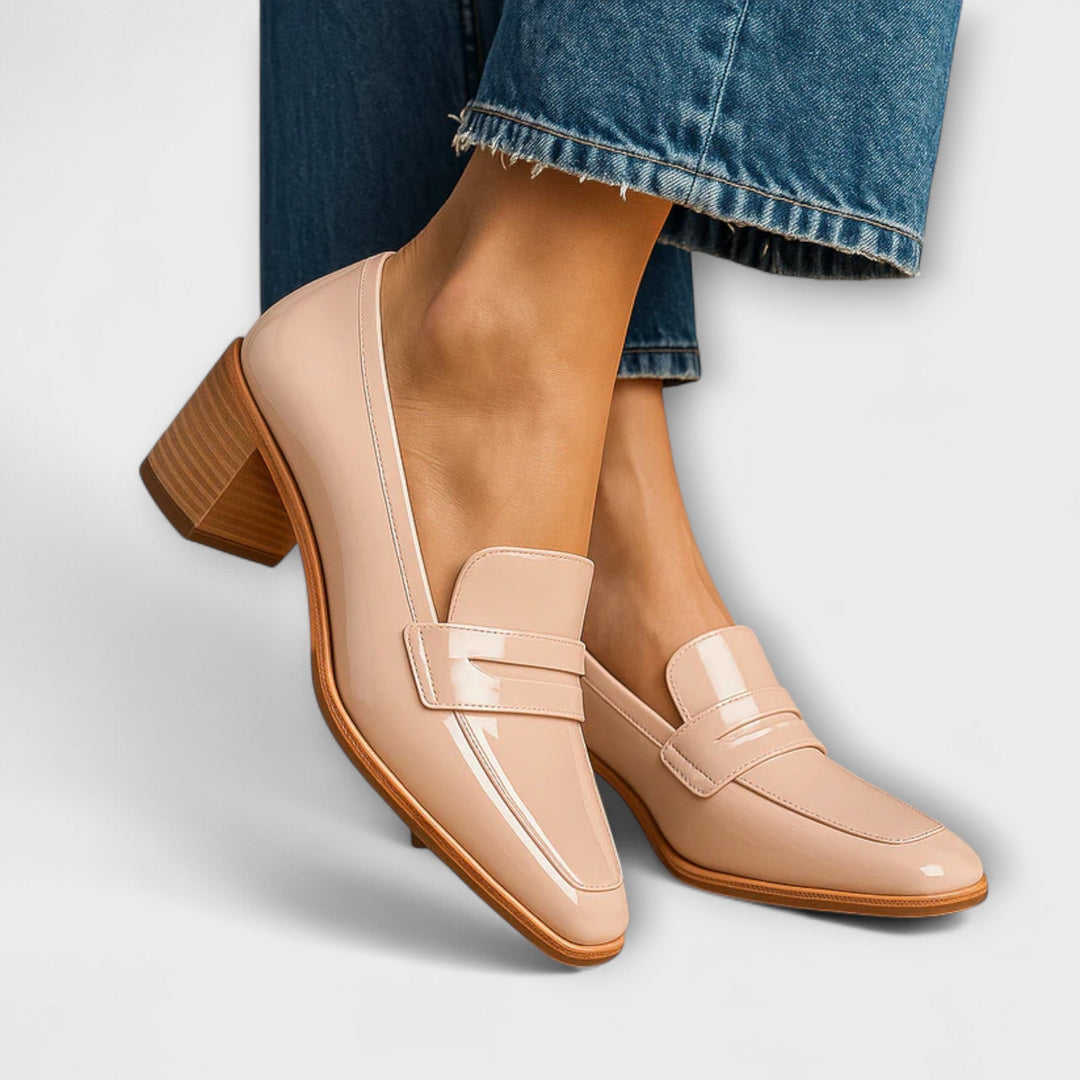 Glossy Block Heeled Loafers - Elizabeth