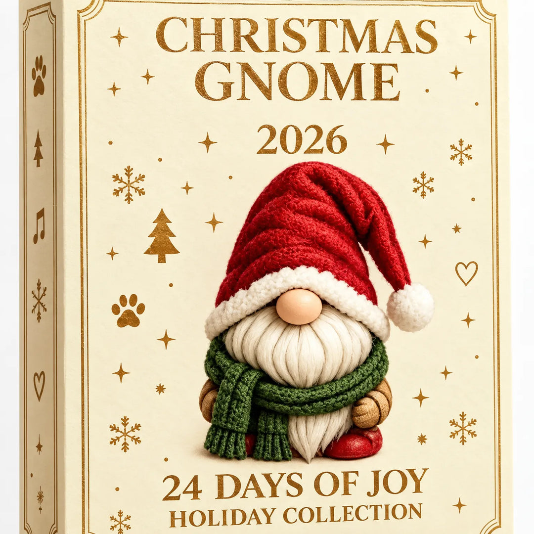 Close-up of the box front showing a gnome with a red knit hat and green scarf, framed by gold snowflakes and stars. 3