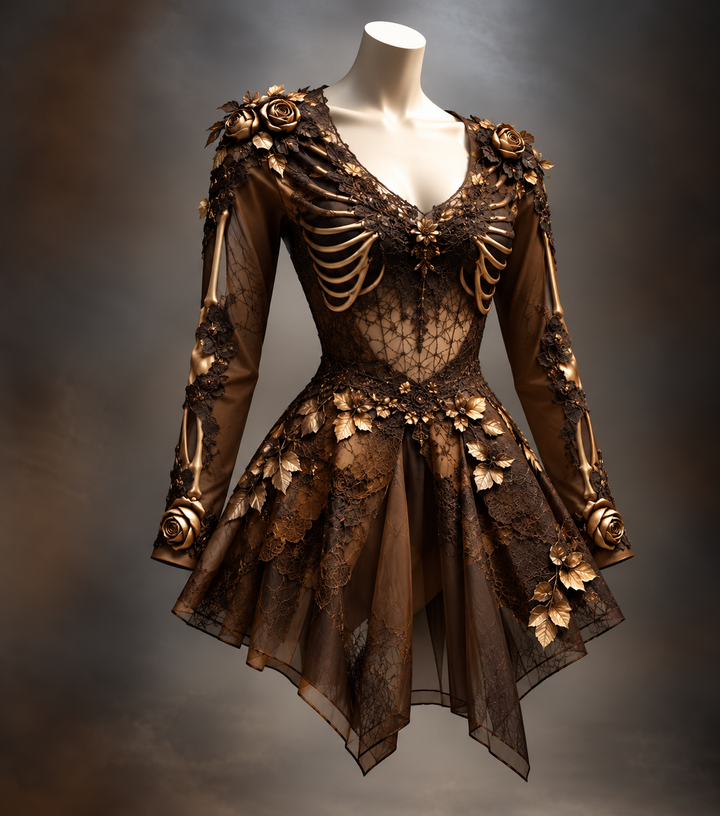 Brown version of the Women's Gothic Long Sleeve V-Neck Mini Dress with gold rib-bone detailing and floral detail.
