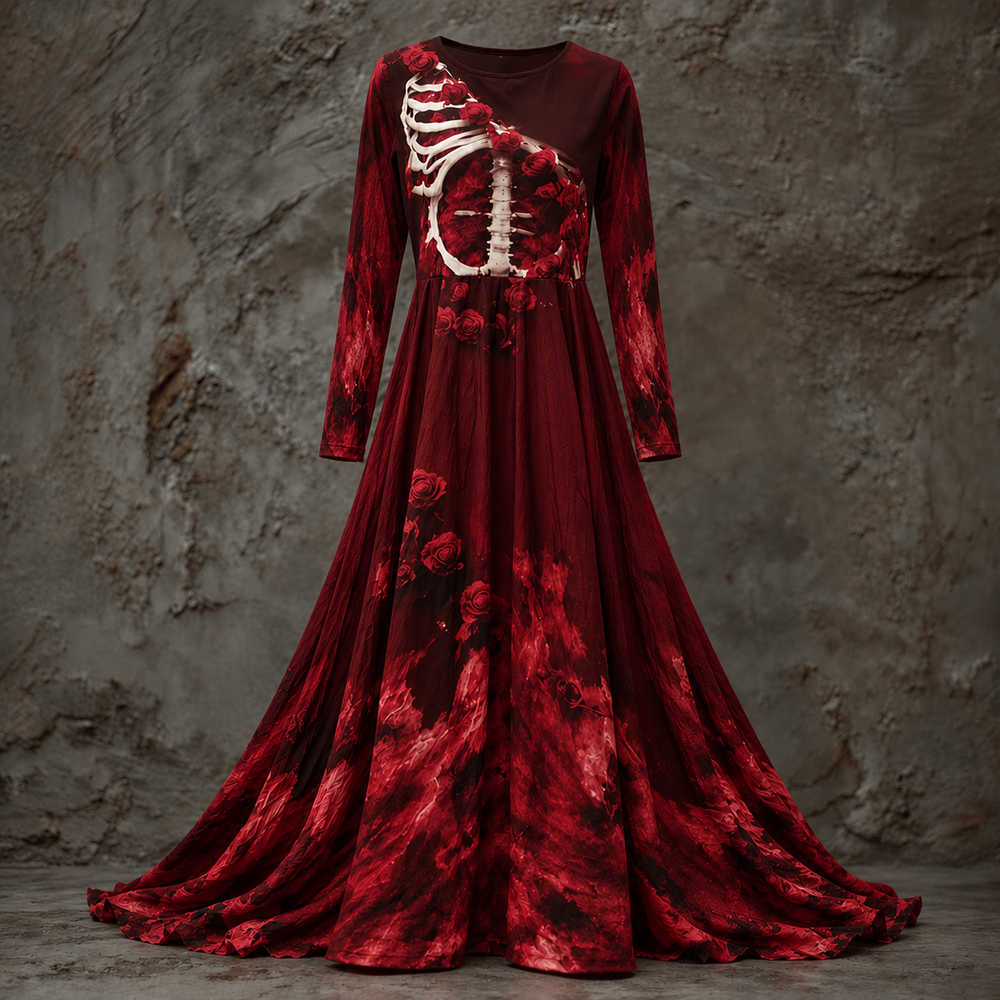 Deep red version of the long-sleeve gown, with a cream rib cage print on the bodice and a mottled red skirt. 2