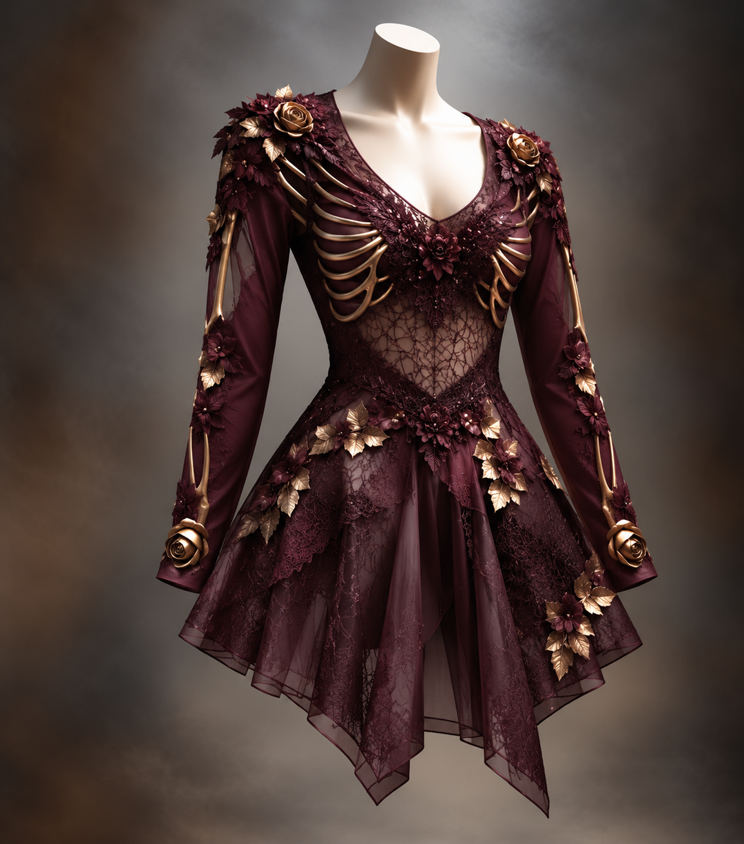 Burgundy version of the Women's Gothic Long Sleeve V-Neck Mini Dress with gold rib-bone accents and floral detail.