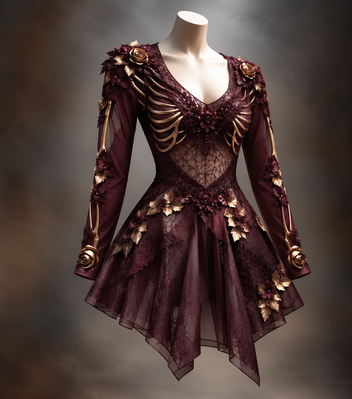 Burgundy version of the Women's Gothic Long Sleeve V-Neck Mini Dress with gold rib-bone accents and floral detail.