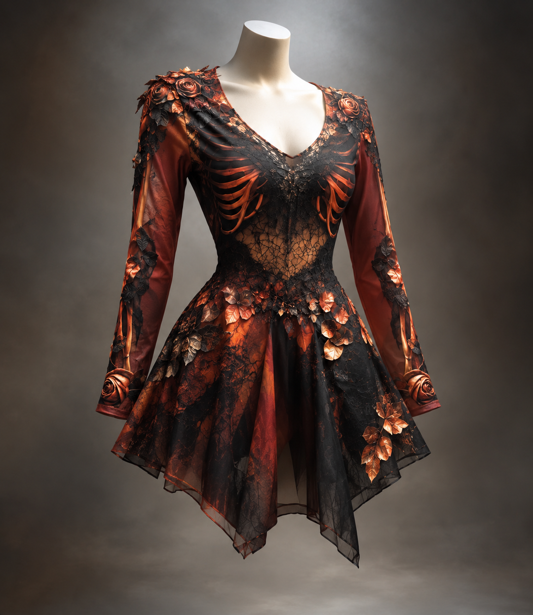 Red and black version of the Women's Gothic Long Sleeve V-Neck Mini Dress with copper-toned rib-bone print and floral detail.