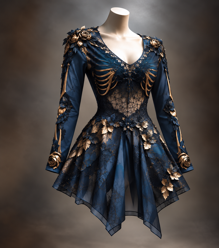 Navy blue version of the Women's Gothic Long Sleeve V-Neck Mini Dress with gold rib-bone trim and floral detail.