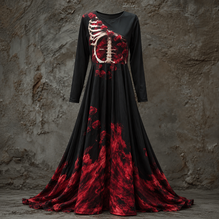 Black version of the long-sleeve gown, with a rib cage and roses on the bodice and red flame-like print at the hem. 3