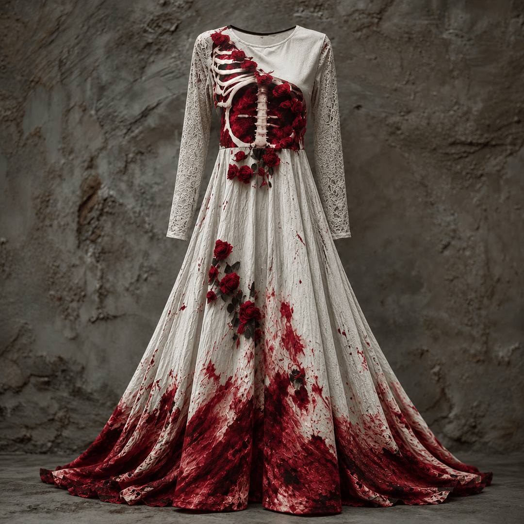 White version of the gown with lace-patterned sleeves, rib cage and red roses on the bodice, and blood-red splatter across the lower skirt. 5