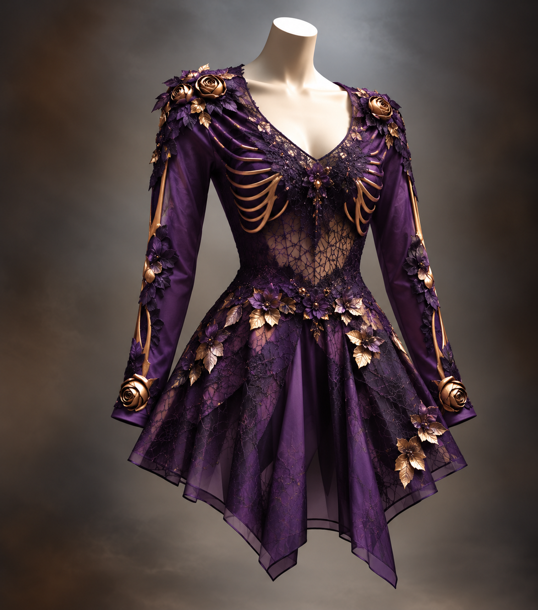 Purple version of the Women's Gothic Long Sleeve V-Neck Mini Dress with gold rib-bone details and floral detail.