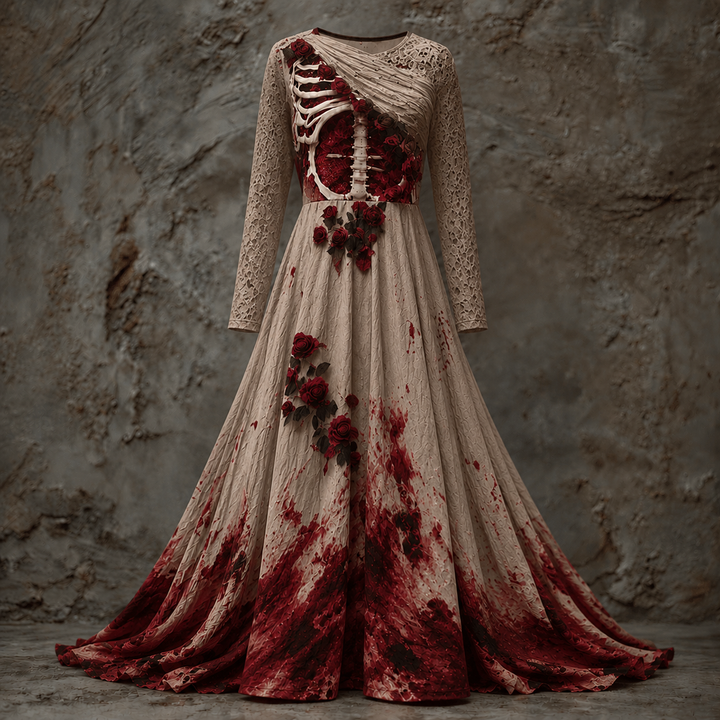 Beige version of the gown with lace-textured sleeves and a draped shoulder, rib cage and roses on the bodice, red splatters on the skirt. 4