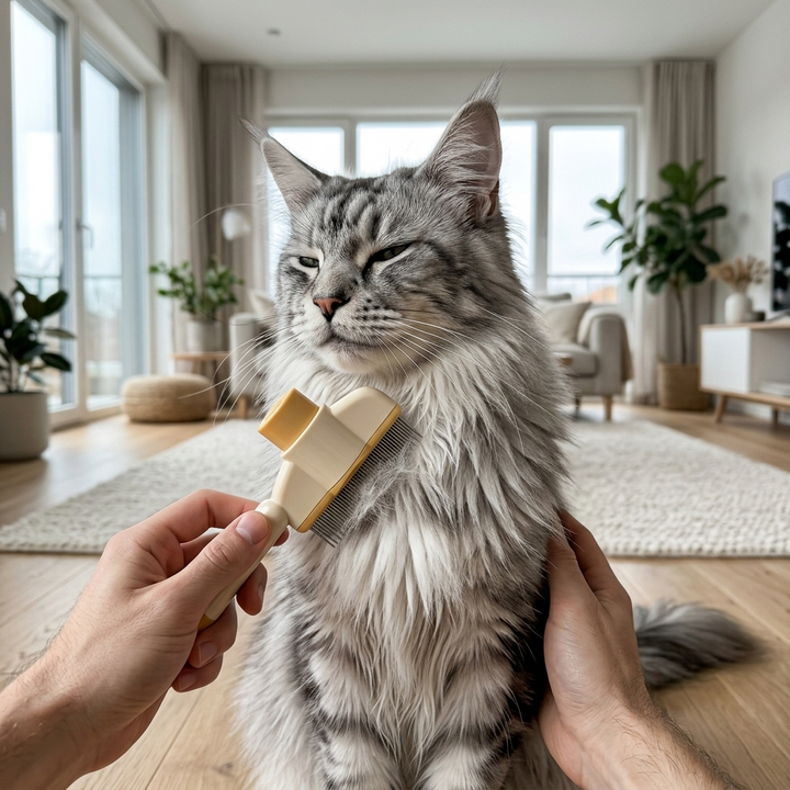 Hands grooming a gray tabby Maine Coon with the yellow comb.