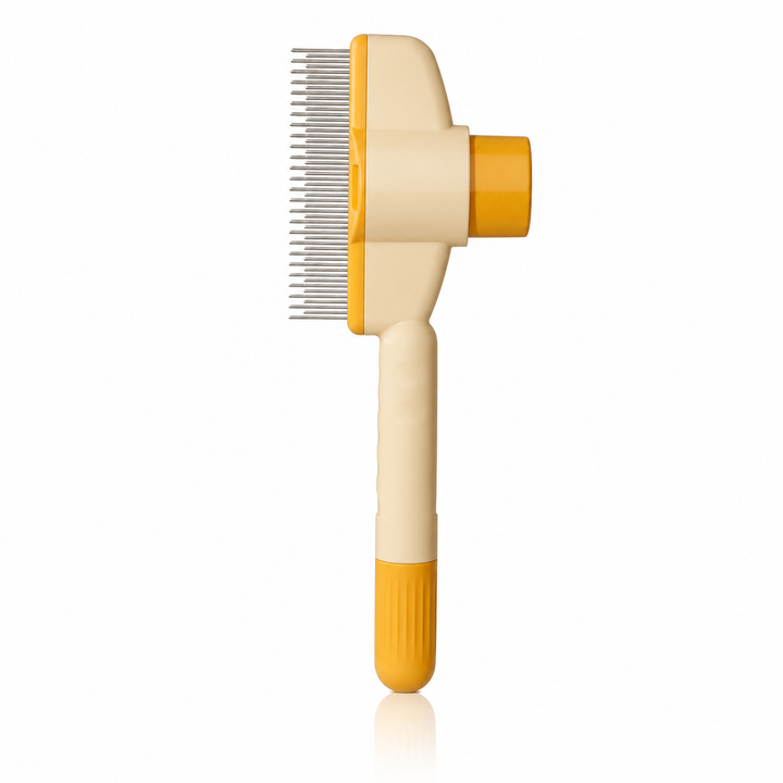 Side view of the cream and yellow comb showing its steel teeth, push button and handle tip.