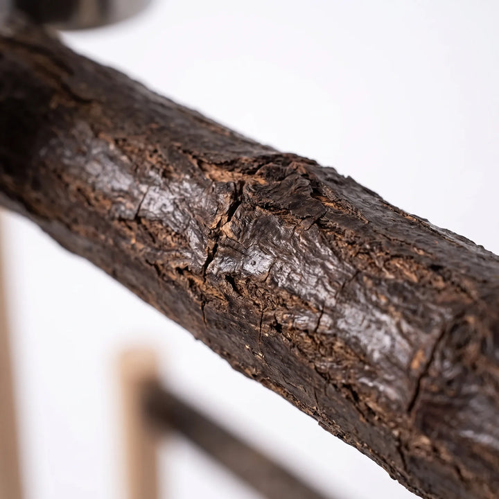 Close-up of a rough, dark natural branch perch showing its textured, cracked bark, with the wooden frame blurred behind it. 3