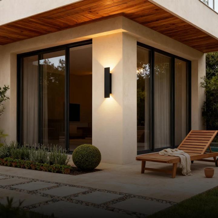 Black wall light on a corner pillar near a wooden lounge chair on the patio.