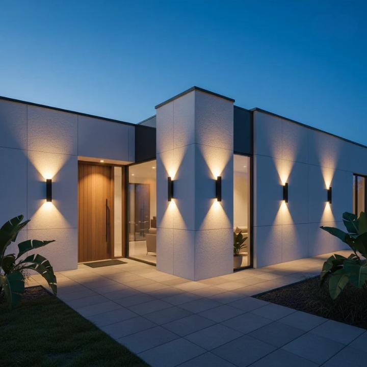Black wall lights on a modern house facade with repeating up and down beams.
