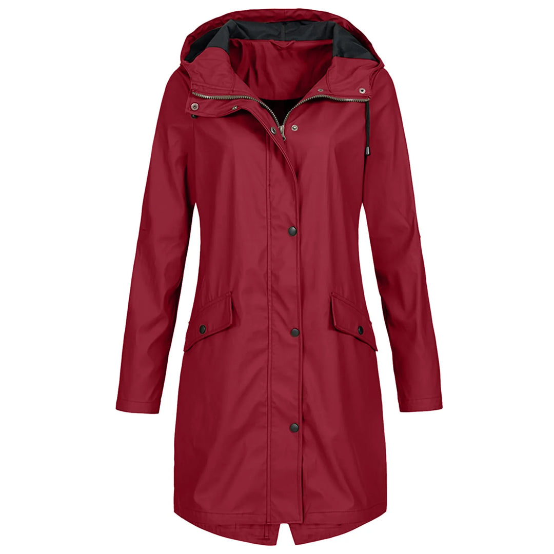 Roter Damen-Regenmantel mit Kapuze, wasserdicht, modisch, Outdoor-Bekleidung.