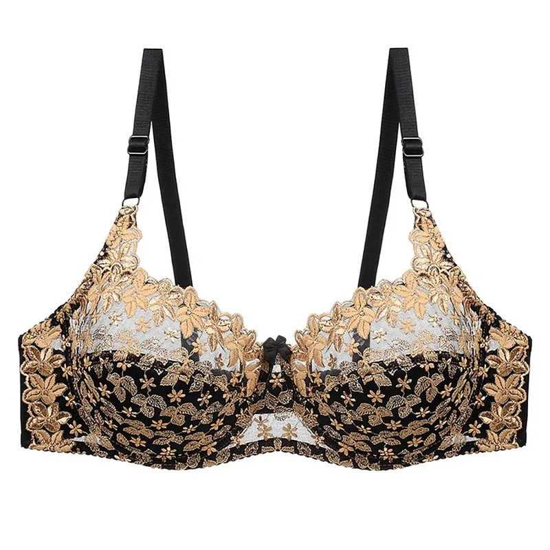 Schwarzer Spitzen-BH mit goldener Stickerei, verstellbare Träger, Damenunterwäsche.