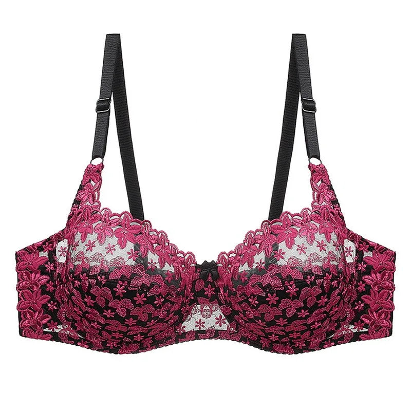 Schwarzer und pinker Spitzen-BH, verstellbare Träger, florales Design, Damenunterwäsche.
