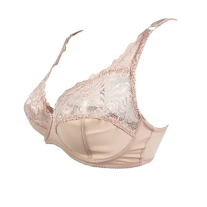Beiger Spitzen-BH, Damenunterwäsche, verstellbare Träger, elegantes Design, Komfort, Mode.