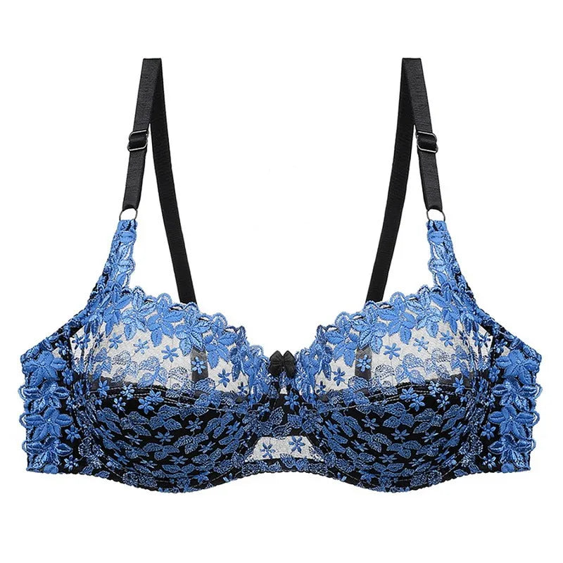 Blauer Spitzen-BH, florales Design, verstellbare Träger, Damenunterwäsche, elegant.