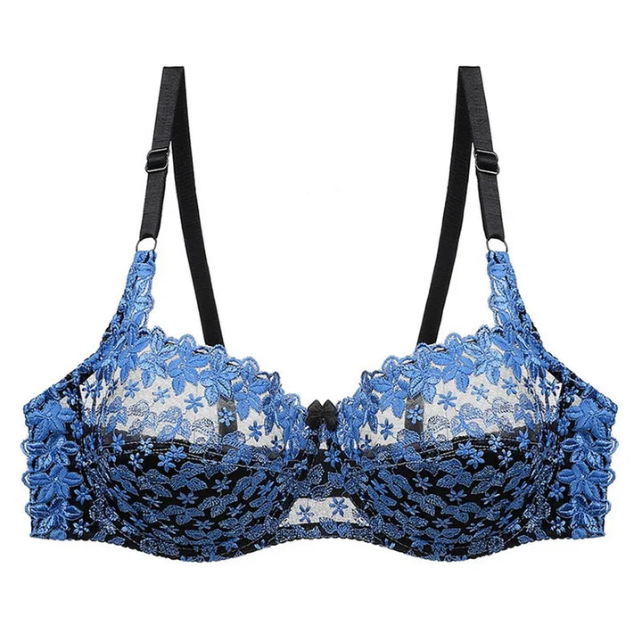 Blauer Spitzen-BH, florales Design, verstellbare Träger, Damenunterwäsche, elegant.