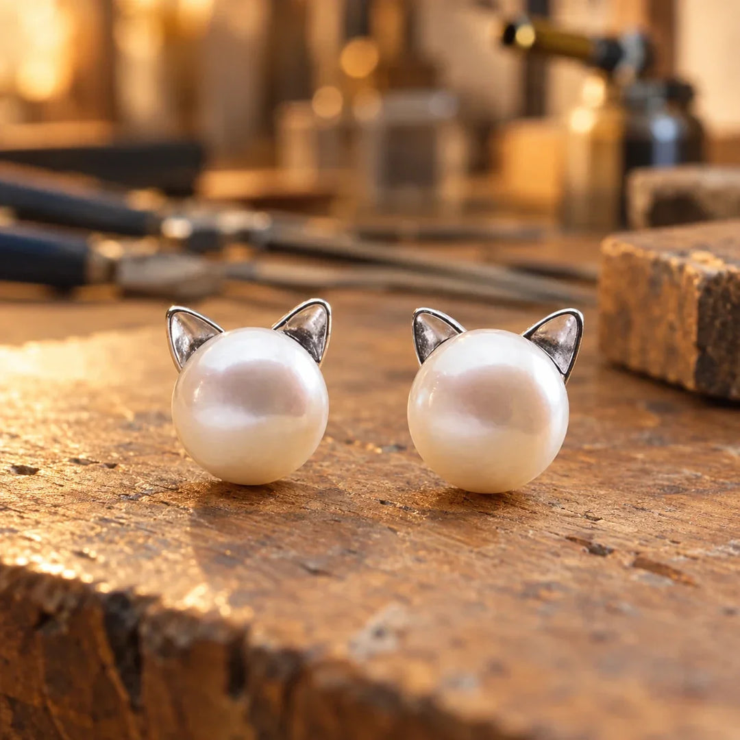 Pair of silver cat-ear stud earrings with round white pearls on a rustic wooden jeweler's workbench.
